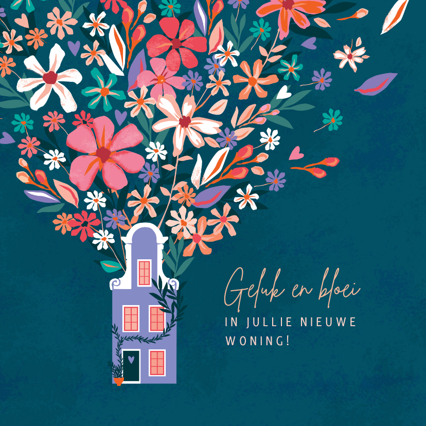 Nieuwe woning kaart met bloemen en huisje - Felicitatiekaarten Felicitatiekaarten - Nieuwe woning kaart met bloemen en huisje