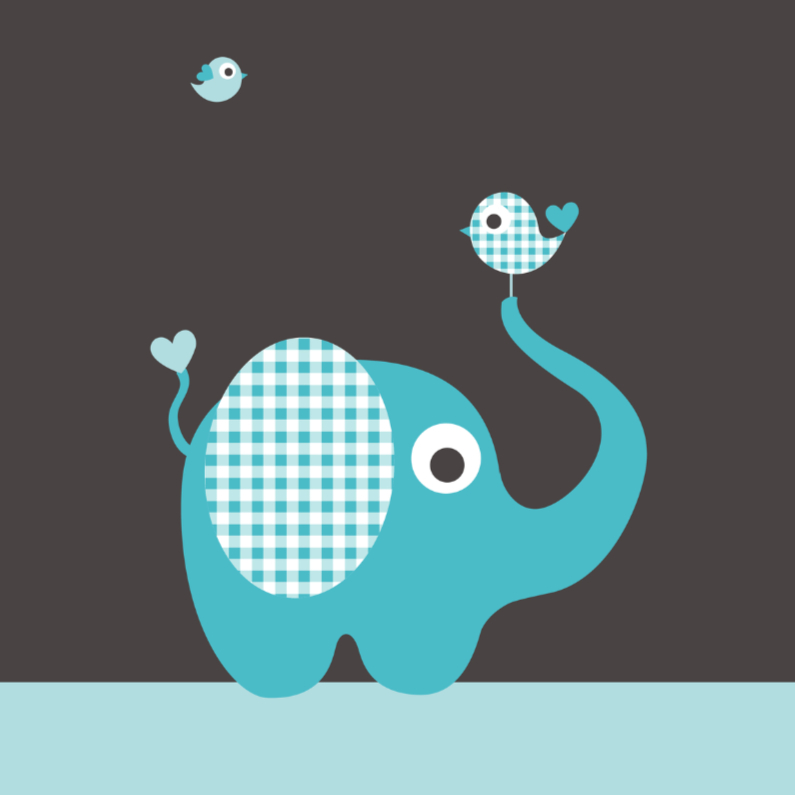 Olifant, ruitje, vogeltje, blauw - Felicitatiekaarten Felicitatiekaarten - Olifant, ruitje, vogeltje, blauw
