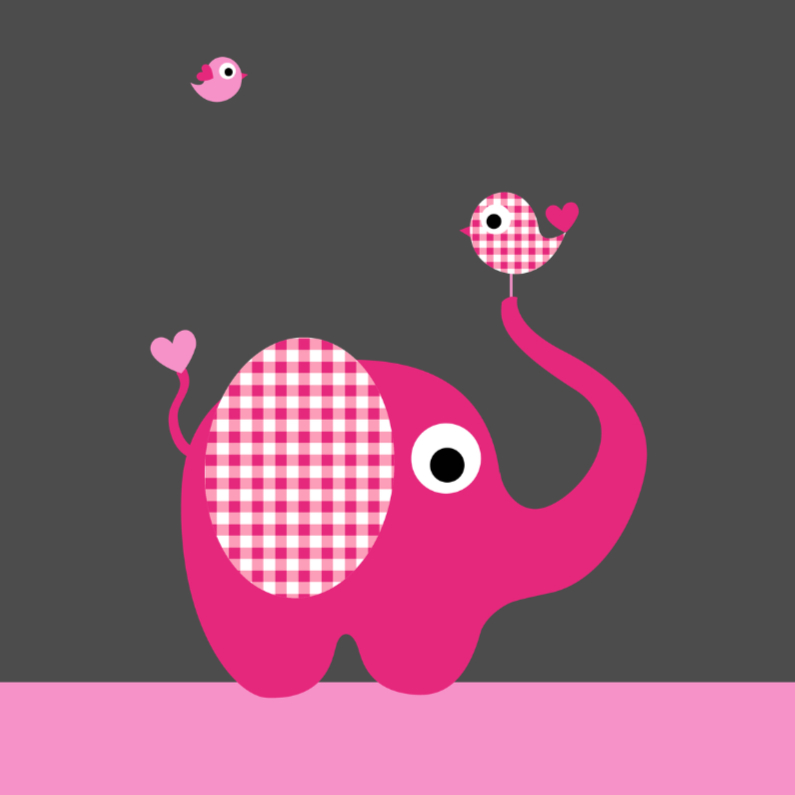 Olifant, ruitjes, vogeltje, roze - Felicitatiekaarten Felicitatiekaarten - Olifant, ruitjes, vogeltje, roze