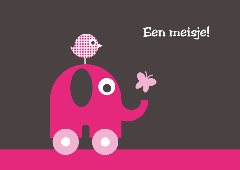 Olifantje op wieltjes, roze - Felicitatiekaarten Felicitatiekaarten - Olifantje op wieltjes, roze