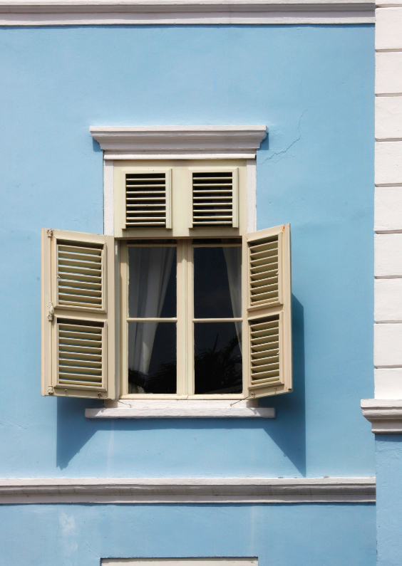 Raam tafereel in blauw huis - OT - Felicitatiekaarten Felicitatiekaarten - Raam tafereel in blauw huis - OT