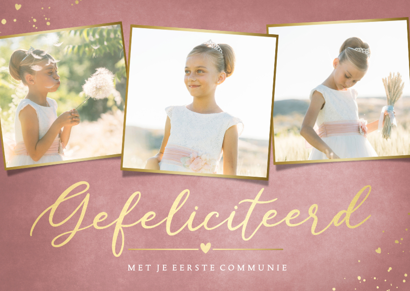 Felicitatiekaarten - Roze felicitatiekaart met foto's communie van een meisje