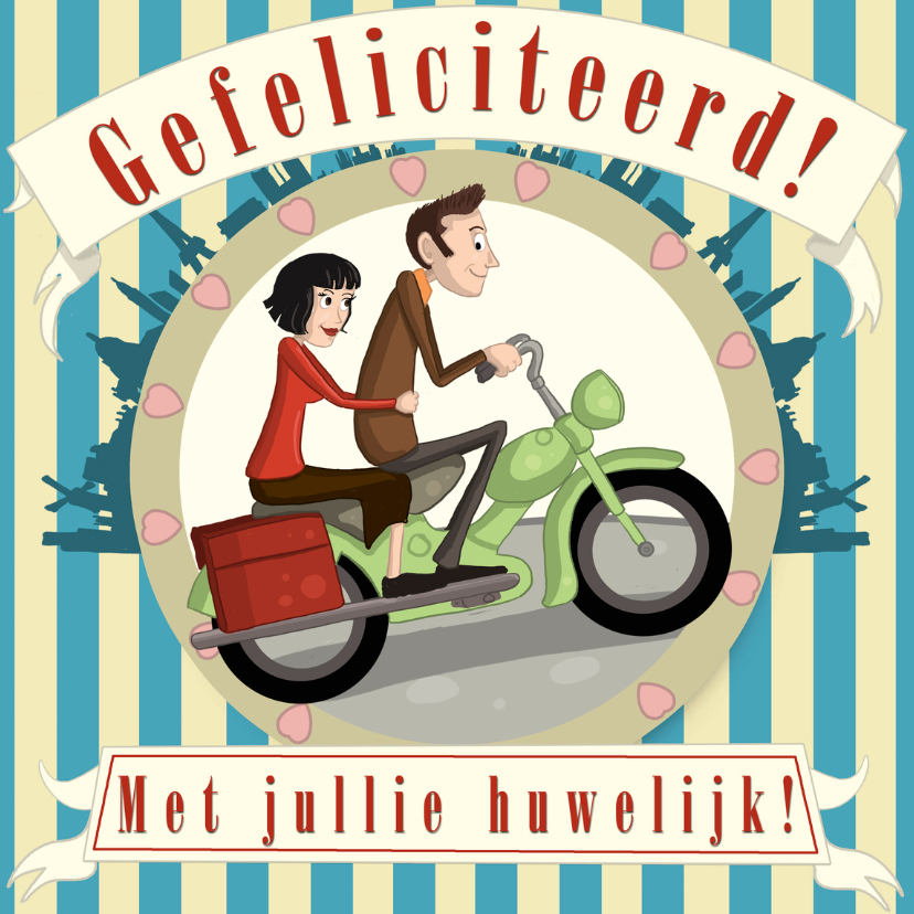 Stelletje op de brommer - Felicitatiekaarten Felicitatiekaarten - Stelletje op de brommer