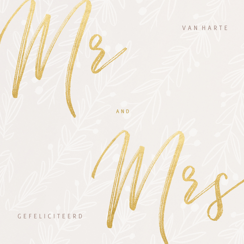Felicitatiekaarten - Stijlvolle felicitatiekaart huwelijk MR and MRS in goudlook