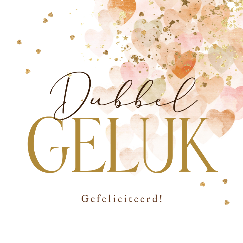 Stijlvolle felicitatiekaart tweeling hartjes watercolor goud - Felicitatiekaarten Felicitatiekaarten - Stijlvolle felicitatiekaart tweeling hartjes watercolor goud