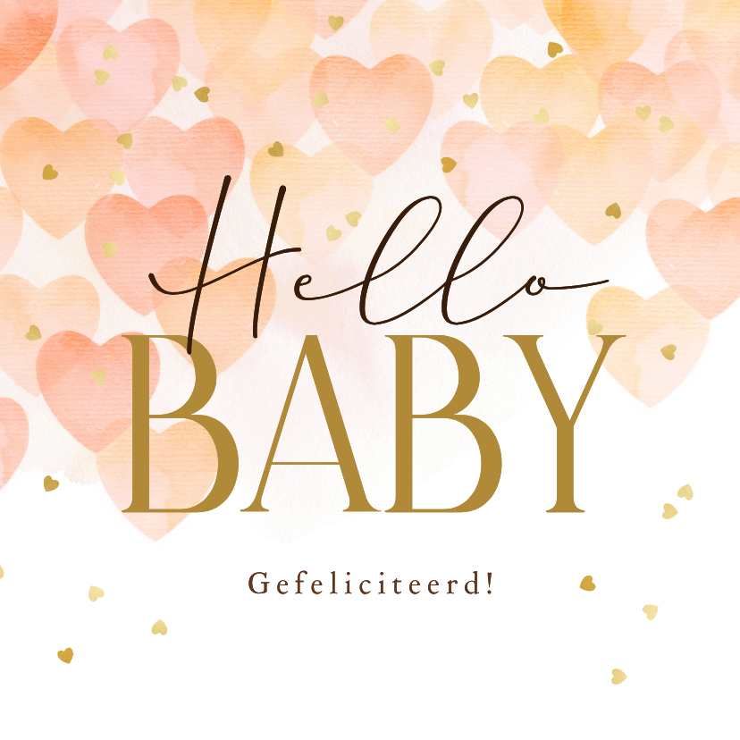 Felicitatiekaarten - Stijlvolle felicitatiekaart waterverf zalmkleurige hartjes 