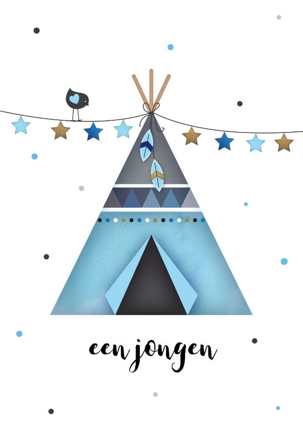 Tipi tent jongen slinger met sterretjes en vogeltje - Felicitatiekaarten Felicitatiekaarten - Tipi tent jongen slinger met sterretjes en vogeltje