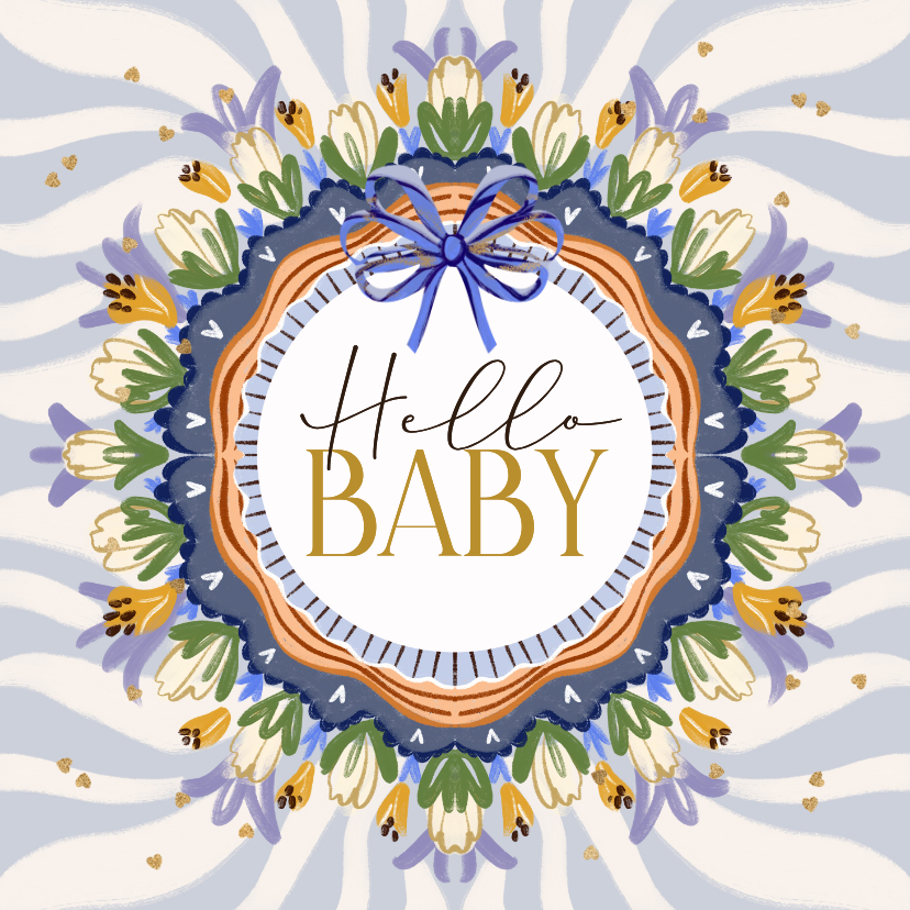 Felicitatiekaarten - Trendy felicitatiekaart geboorte bloemenkader streep strik