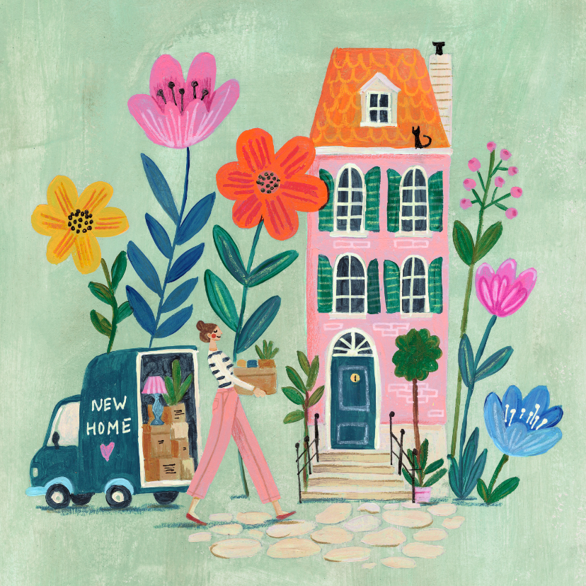 Verhuiskaart nieuw huis grote bloemen verhuiswagen - Felicitatiekaarten Felicitatiekaarten - Verhuiskaart nieuw huis grote bloemen verhuiswagen