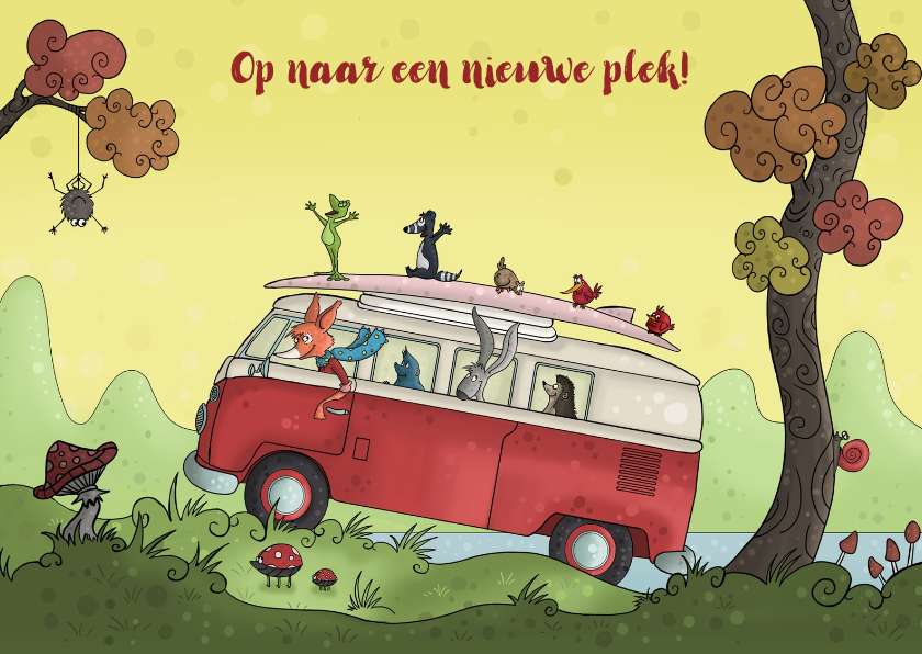 Verhuiskaart vrolijke bus - Felicitatiekaarten Felicitatiekaarten - Verhuiskaart vrolijke bus