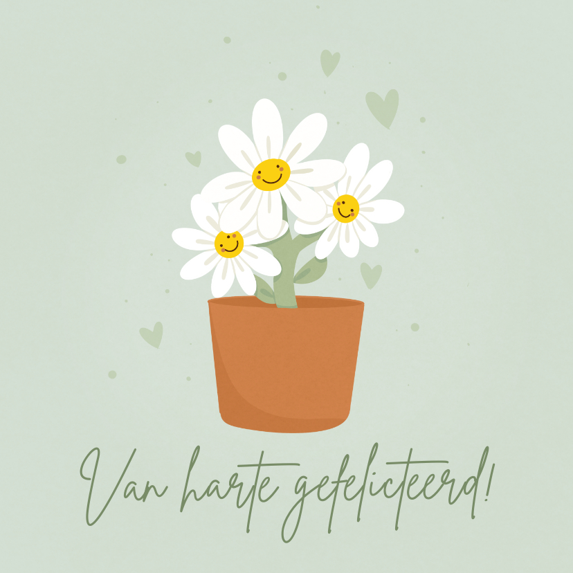 Felicitatiekaarten - Vrolijk felicitatiekaartje groen met lachend bloemetjes