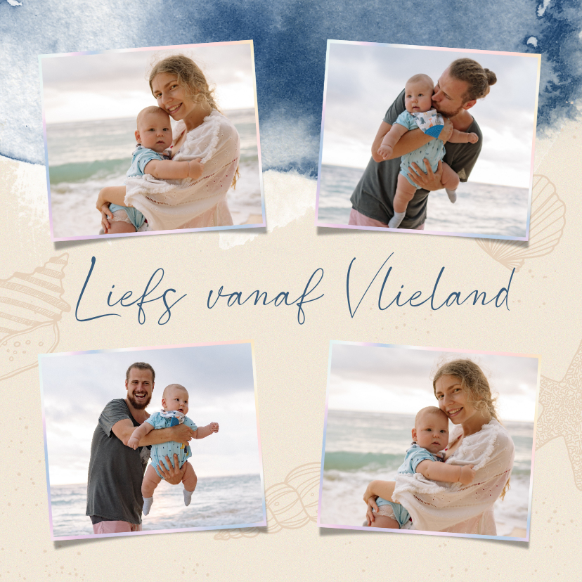 Fotokaarten - Collage vakantiekaart oceaan schelpen zand waterverf zee