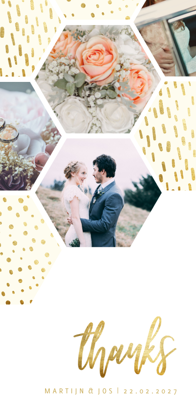 Fotokaarten - collage zeshoek fotocollage met gouden confetti