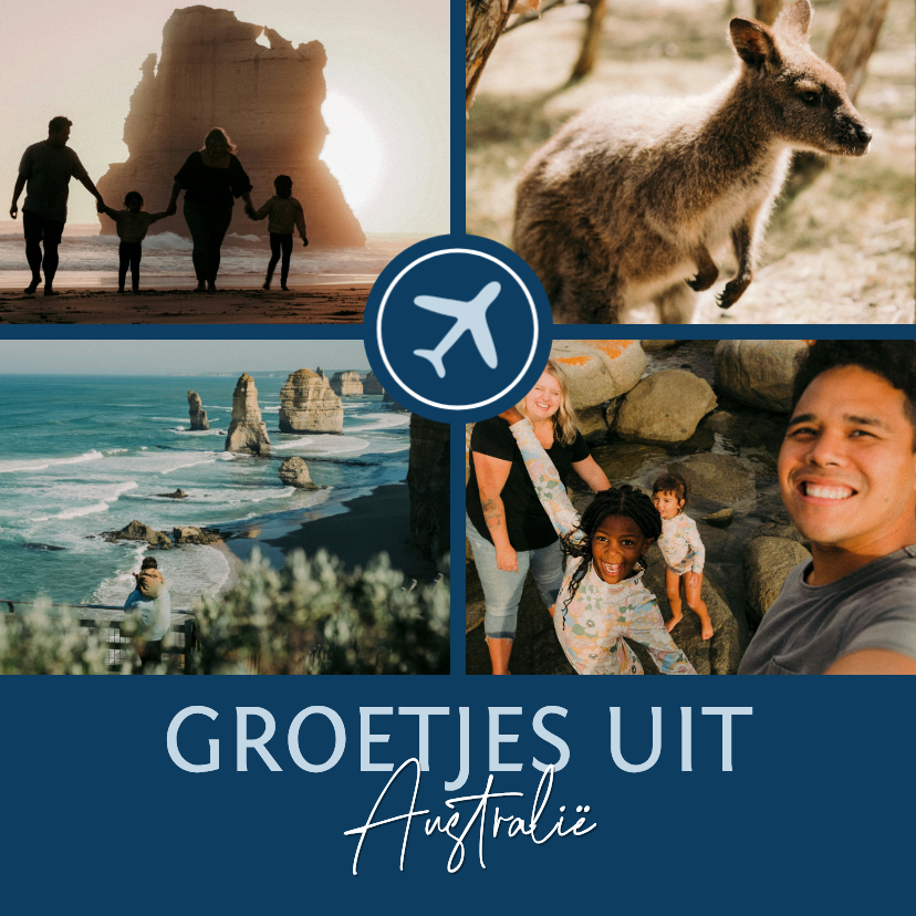 Donkerblauw fotokaartje vakantiegroet met vliegtuigje - Fotokaarten Fotokaarten - Donkerblauw fotokaartje vakantiegroet met vliegtuigje