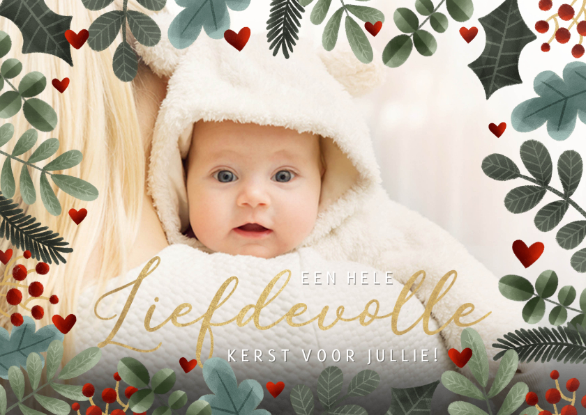 Feestelijke kerst fotokaart met een grote foto en takjes - Fotokaarten Fotokaarten - Feestelijke kerst fotokaart met een grote foto en takjes