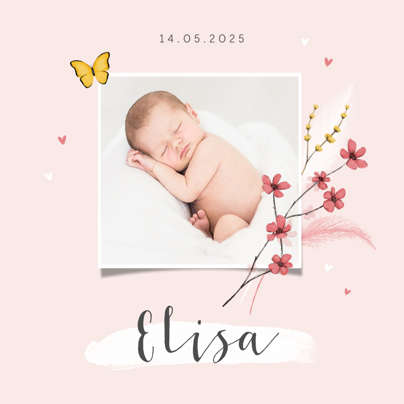Foto geboortekaartje hartjes foto vlinder bloemen lief - Fotokaarten Fotokaarten - Foto geboortekaartje hartjes foto vlinder bloemen lief
