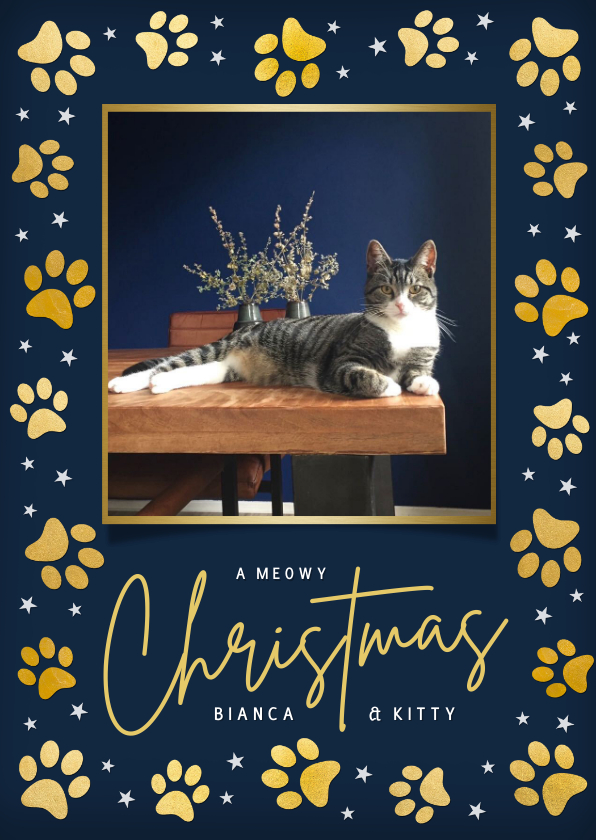 Foto kerstkaart hond , poes of kat met gouden pootafdrukjes - Fotokaarten Fotokaarten - Foto kerstkaart hond , poes of kat met gouden pootafdrukjes