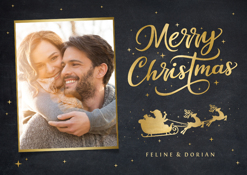 Fotokaarten - Foto kerstkaart met gouden kerstman in arreslee