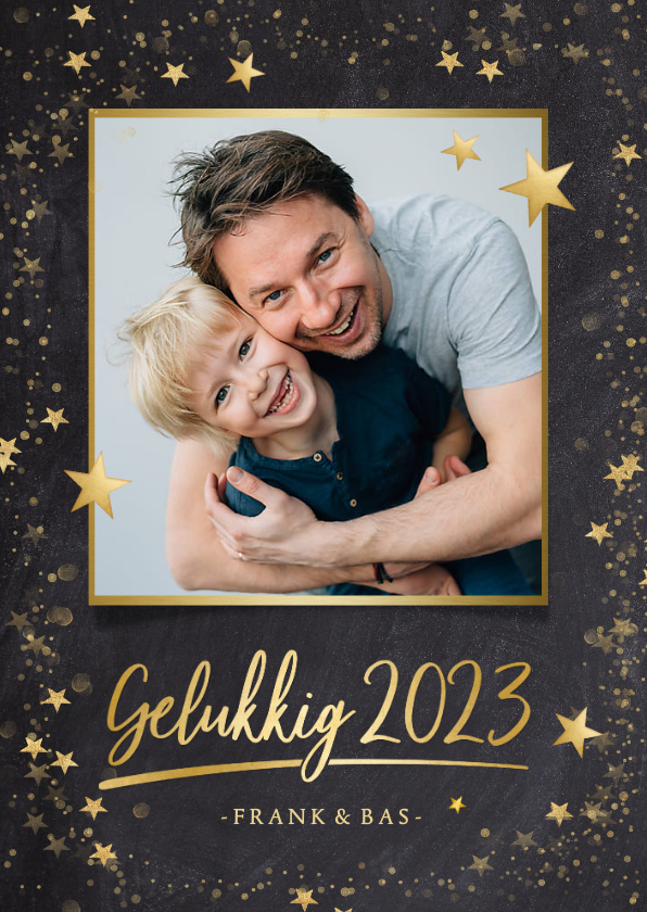 Fotokaarten - Foto nieuwjaarskaart zwart met gouden ster en 1 grote foto