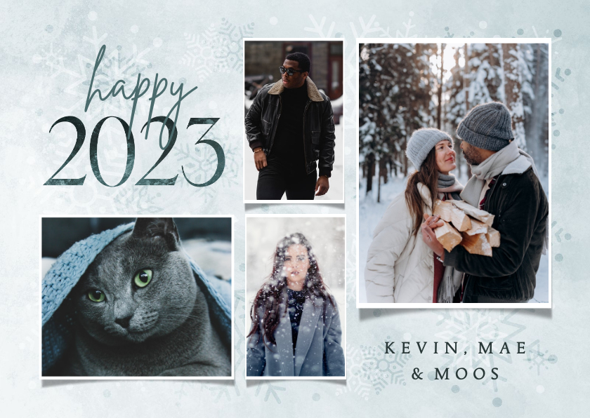 Fotokaarten - Fotocollage happy 2023 met sneeuwvlokken