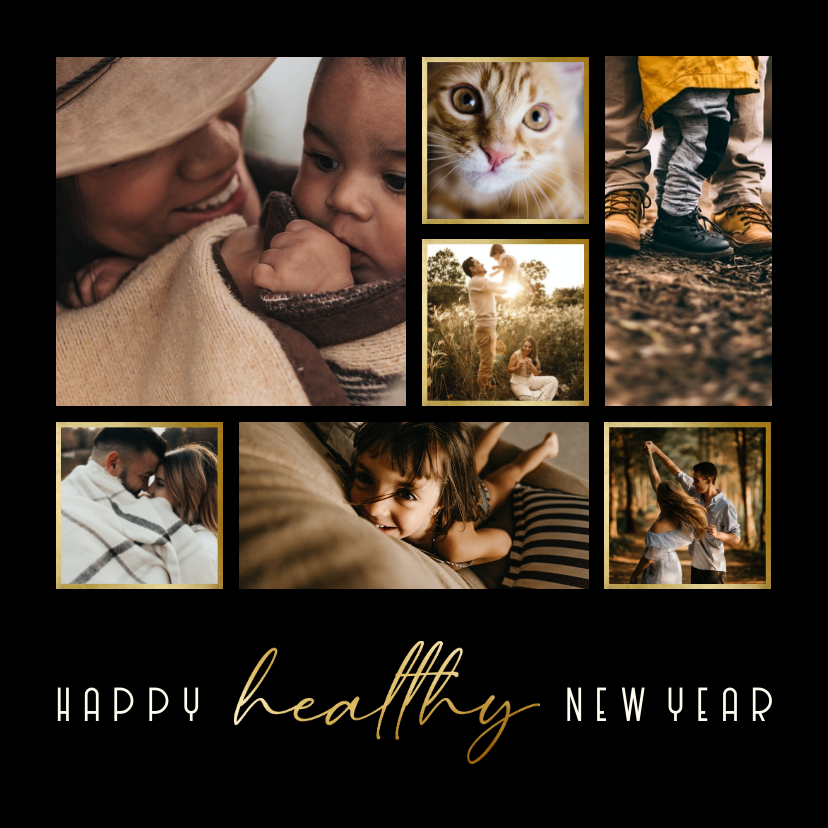 Fotocollage Happy Healthy New Year goudlook - Fotokaarten Fotokaarten - Fotocollage Happy Healthy New Year goudlook
