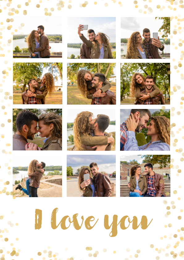 Fotocollage kaart met 12 eigen foto's en gouden confetti - Fotokaarten Fotokaarten - Fotocollage kaart met 12 eigen foto's en gouden confetti