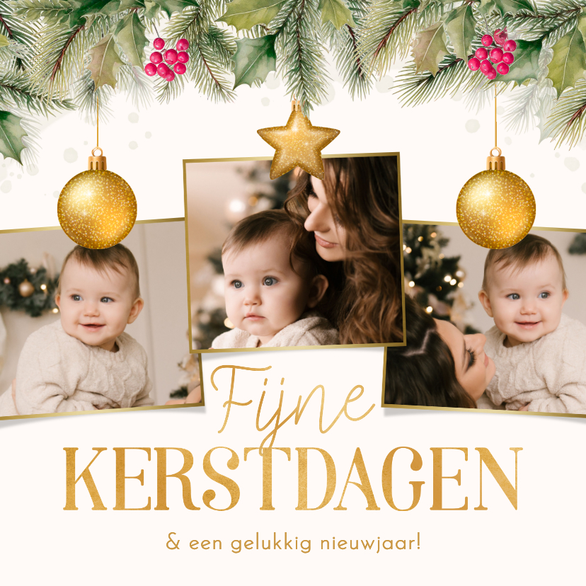 Fotokaarten - Fotocollage kerst hulst kerstballen goudlook