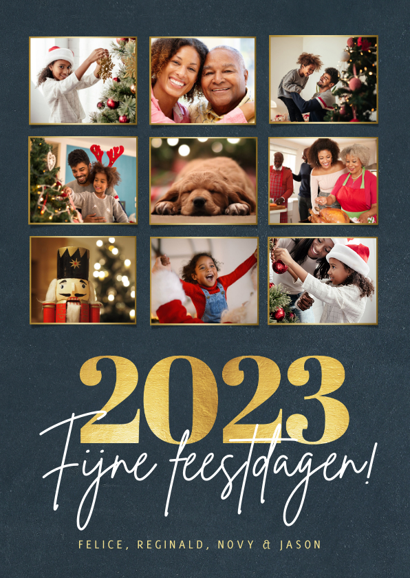 Fotokaarten - Fotocollage kerstkaart met 9 foto en gouden jaartal 2023