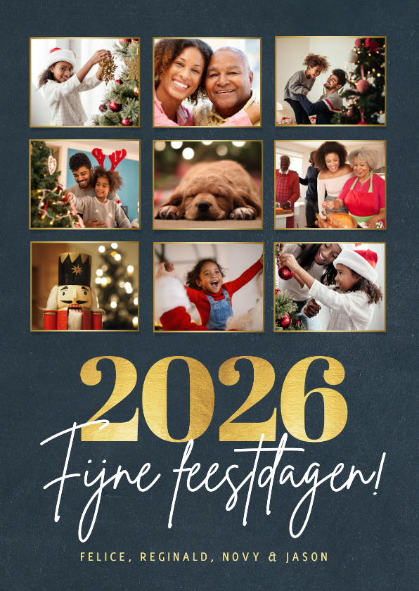 Fotokaarten - Fotocollage kerstkaart met 9 foto en gouden jaartal 2026