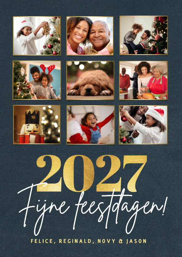 Fotocollage kerstkaart met 9 foto en gouden jaartal 2027 - Fotokaarten Fotokaarten - Fotocollage kerstkaart met 9 foto en gouden jaartal 2027