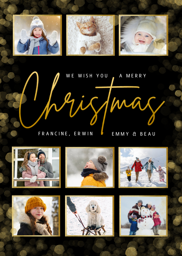 Fotocollage kerstkaart met 9 foto's en goudlook Christmas - Fotokaarten Fotokaarten - Fotocollage kerstkaart met 9 foto's en goudlook Christmas