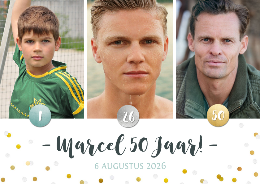 Fotocollage met 3 foto's door de jaren heen en confetti - Fotokaarten Fotokaarten - Fotocollage met 3 foto's door de jaren heen en confetti