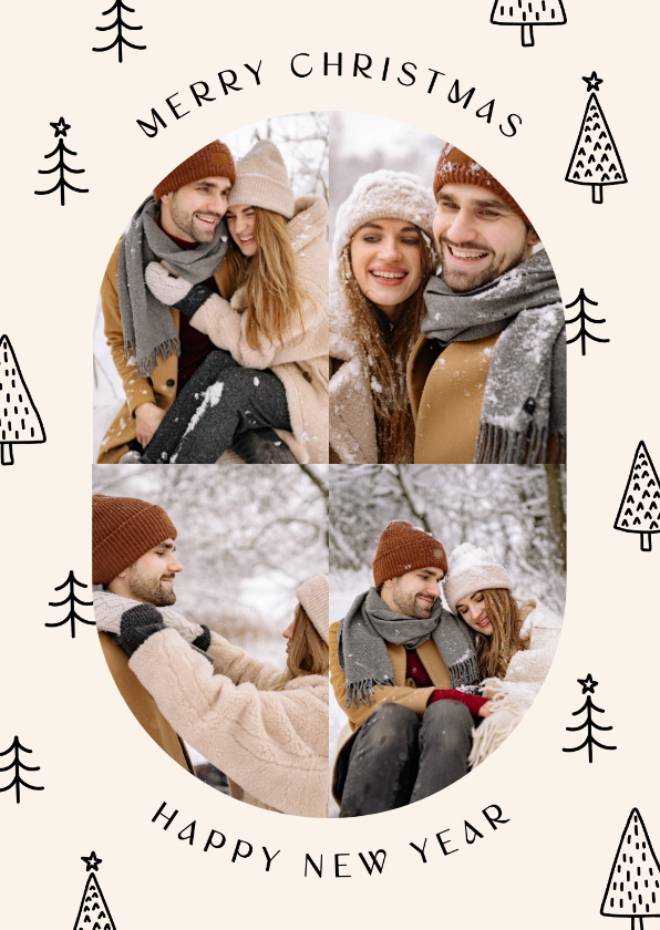 Fotokaarten - Fotocollage ovaal vier foto's op kerstboompjespatroon