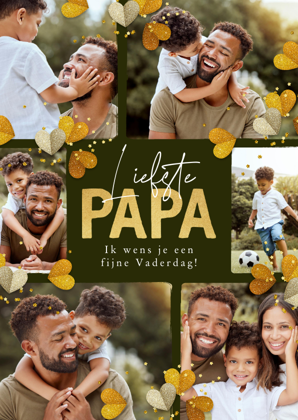 Fotocollage Vaderdag kaart hartjes liefste papa foto goud - Fotokaarten Fotokaarten - Fotocollage Vaderdag kaart hartjes liefste papa foto goud