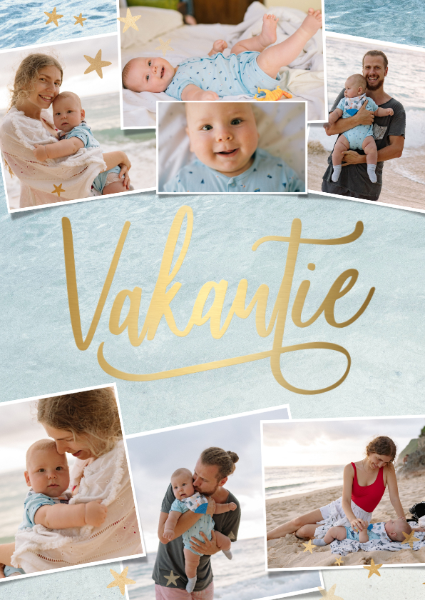 Fotocollage vakantiekaart in goudkleurig 'vakantie' - Fotokaarten Fotokaarten - Fotocollage vakantiekaart in goudkleurig 'vakantie'
