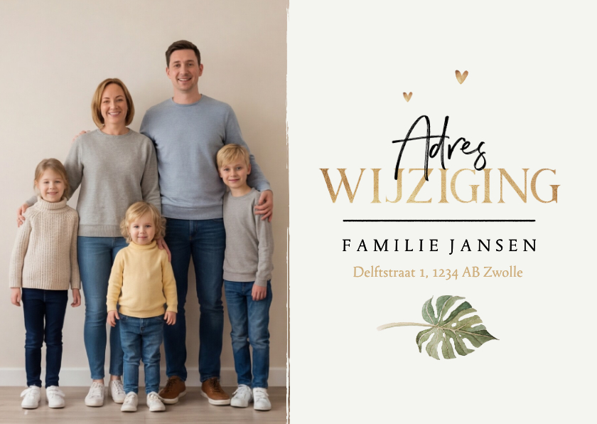 Fotokaart adreswijziging monstera blad goud nieuw huis - Fotokaarten Fotokaarten - Fotokaart adreswijziging monstera blad goud nieuw huis