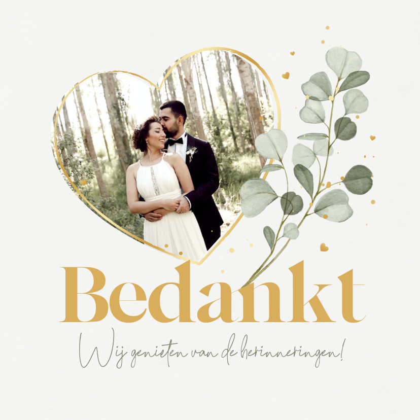 Fotokaart bruiloft eucalyptus goud hartjes - Fotokaarten Fotokaarten - Fotokaart bruiloft eucalyptus goud hartjes