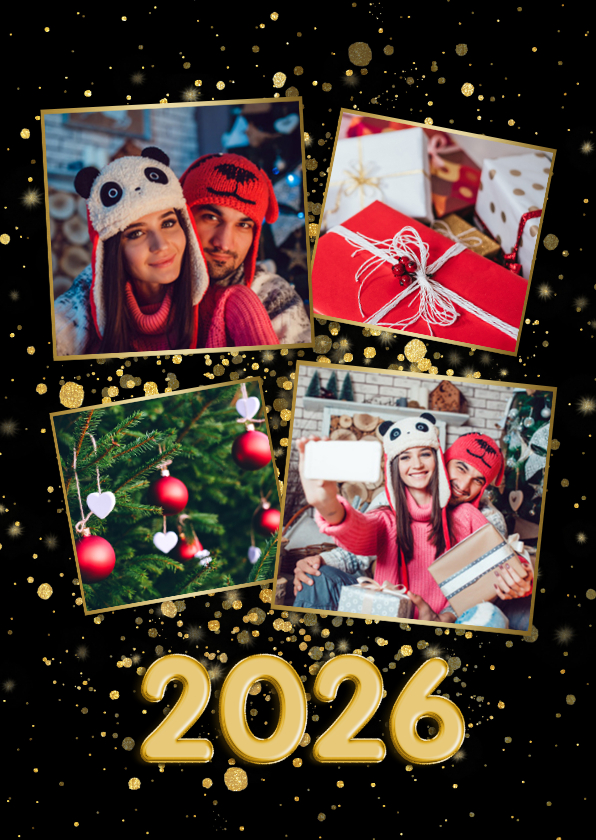 Fotokaart collage 4 foto's met gouden confetti 2026 - Fotokaarten Fotokaarten - Fotokaart collage 4 foto's met gouden confetti 2026