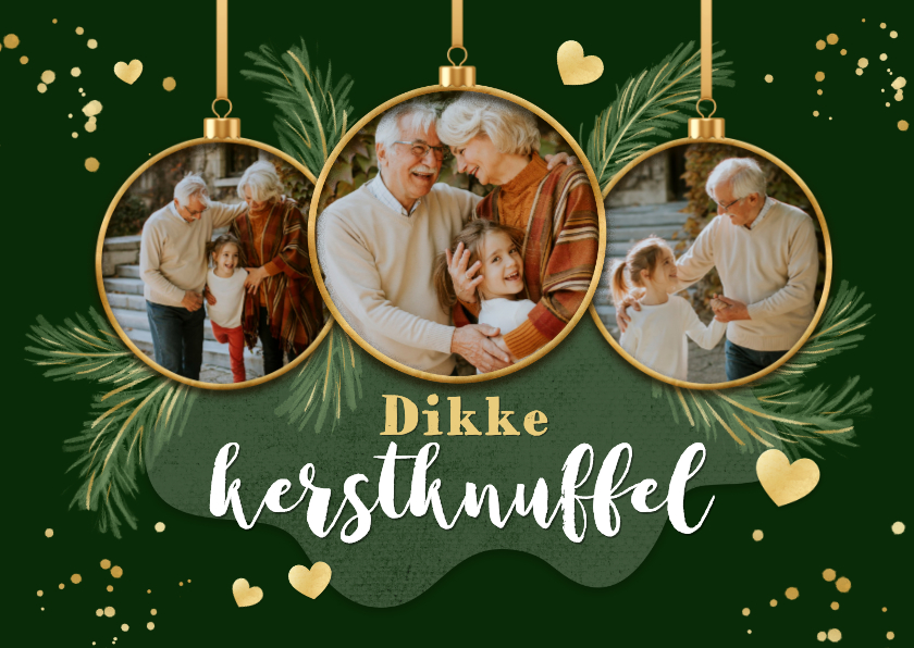 Fotokaart dikke kerstknuffel fotocollage hartje kerstballen - Fotokaarten Fotokaarten - Fotokaart dikke kerstknuffel fotocollage hartje kerstballen