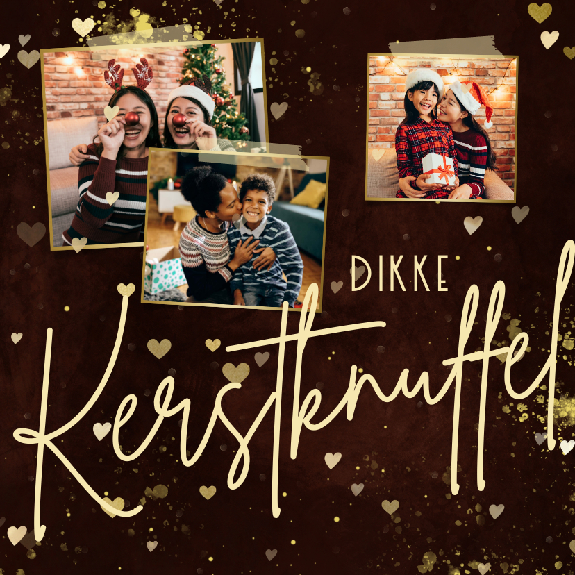 Fotokaart dikke kerstknuffel met 3 foto's en hartjes roest - Fotokaarten Fotokaarten - Fotokaart dikke kerstknuffel met 3 foto's en hartjes roest