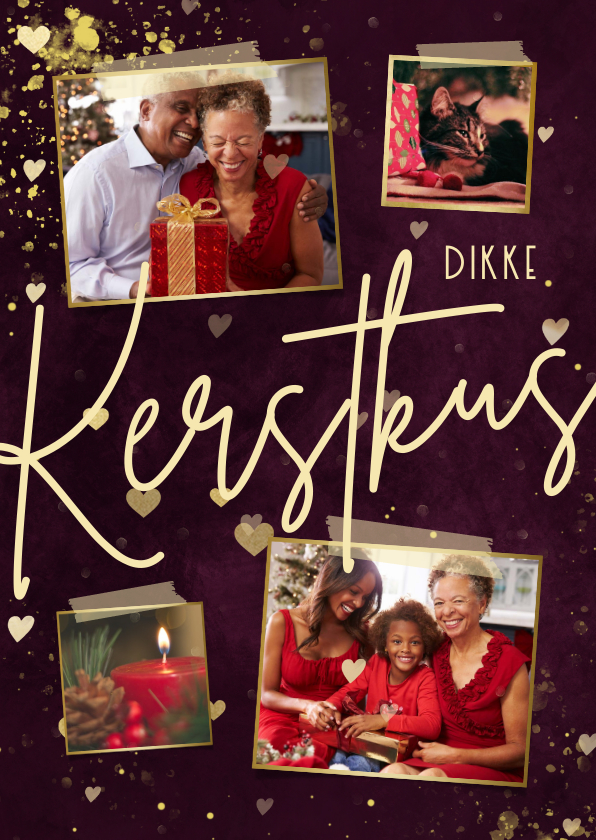 Fotokaart dikke kerstkus met 4 foto's en hartjes paars - Fotokaarten Fotokaarten - Fotokaart dikke kerstkus met 4 foto's en hartjes paars