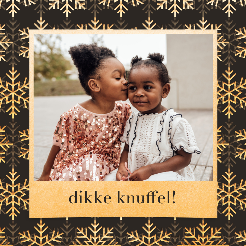 Fotokaart dikke knuffel met gouden sneeuwvlokken - Fotokaarten Fotokaarten - Fotokaart dikke knuffel met gouden sneeuwvlokken