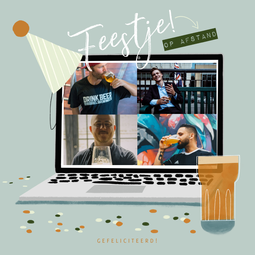 Fotokaart feestje bier beeldbellen op afstand laptop - Fotokaarten Fotokaarten - Fotokaart feestje bier beeldbellen op afstand laptop