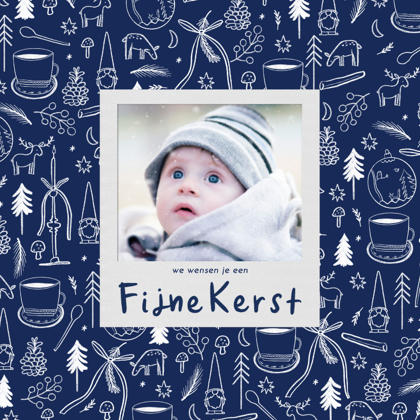 Fotokaarten - Fotokaart fijne kerst blauw wit lijntekeningen 