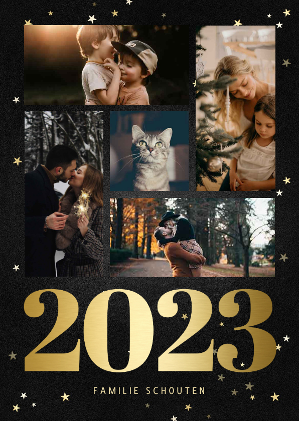 Fotokaart fotocollage met gouden 2023 en sterren - Fotokaarten Fotokaarten - Fotokaart fotocollage met gouden 2023 en sterren