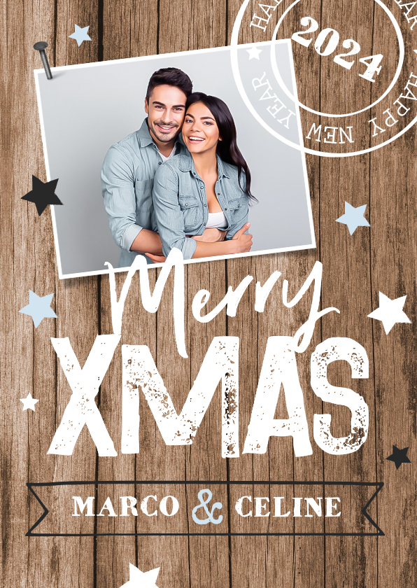 Fotokaart houtlook typografie foto sterren stempel hout - Fotokaarten Fotokaarten - Fotokaart houtlook typografie foto sterren stempel hout