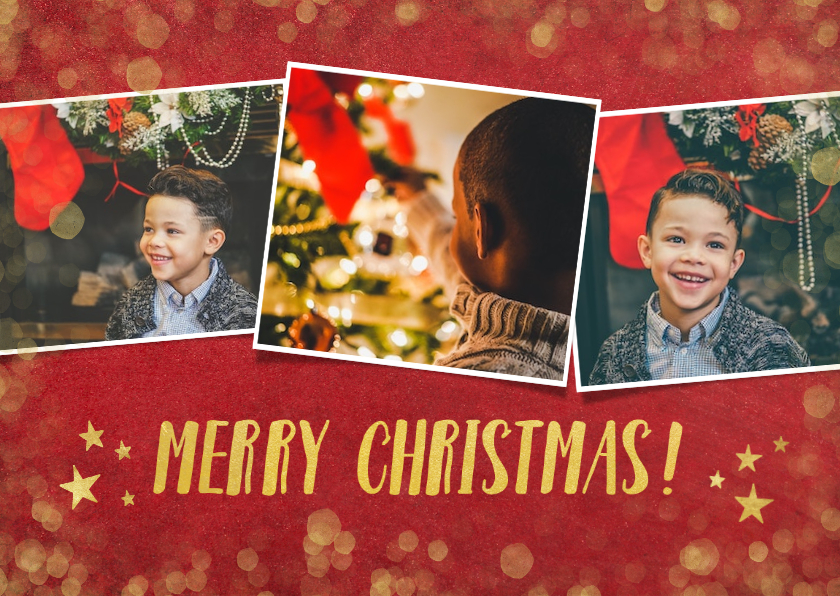 fotokaart kerst collage met goud en 3 eigen foto's - Fotokaarten Fotokaarten - fotokaart kerst collage met goud en 3 eigen foto's