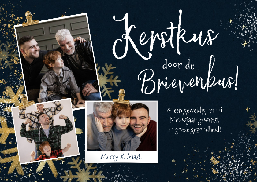 Fotokaarten - Fotokaart Kerst 'Kerstkus' gouden elementen sterren spetters