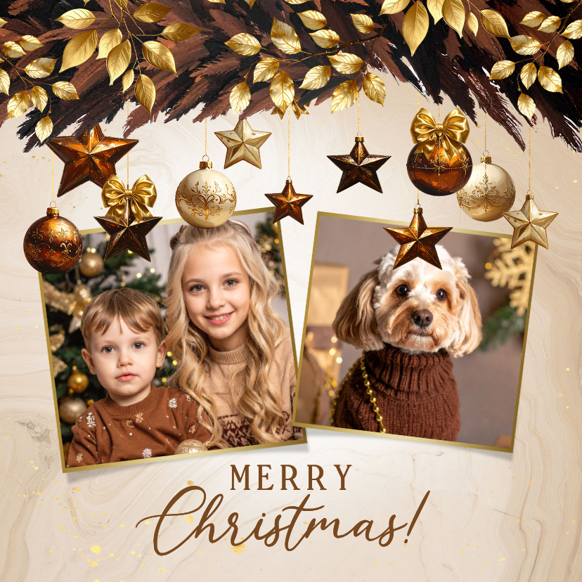 Fotokaarten - Fotokaart kerst kersttak kerstballen sterren en foto's