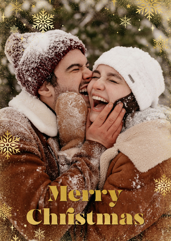 Fotokaart kerst met gouden sneeuwvlokken - Fotokaarten Fotokaarten - Fotokaart kerst met gouden sneeuwvlokken